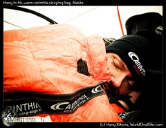 Harry in his warm carinthia sleeping bag, Alaska